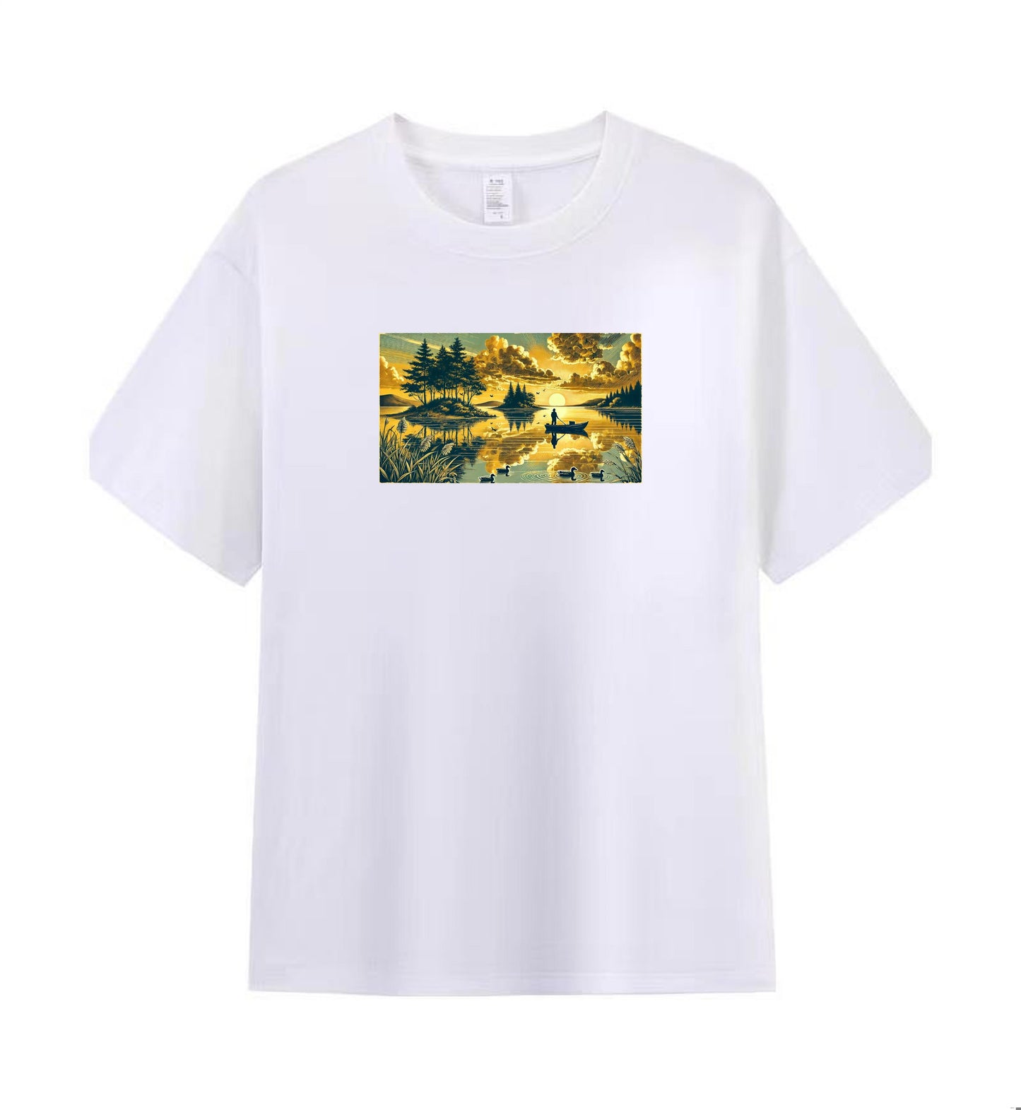 Men’s 100% Cotton T-Shirt with Tranquil Sunset Lake Design