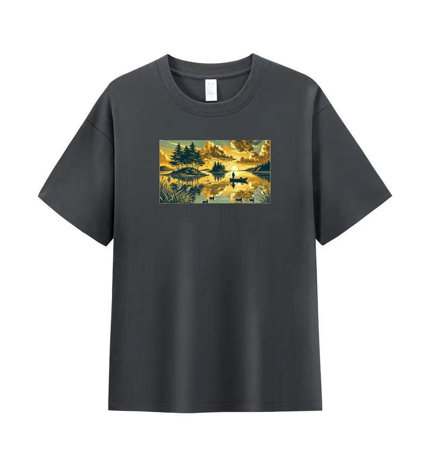 Men’s 100% Cotton T-Shirt with Tranquil Sunset Lake Design